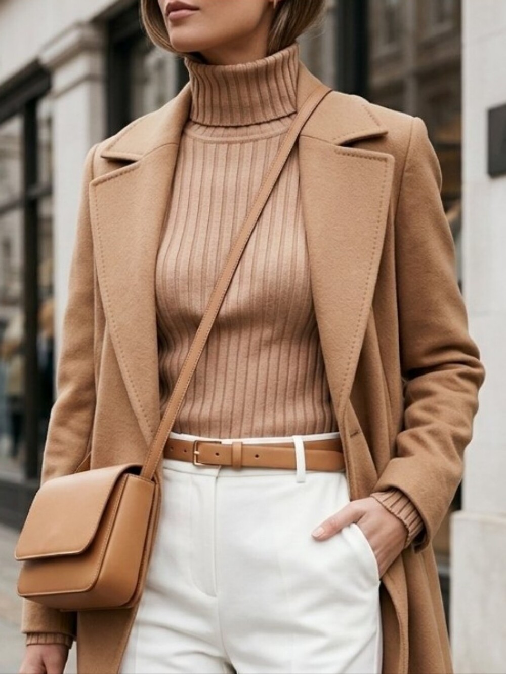 Aritzia Babaton Ribbed Turtleneck Sweater Fitted Knit Tan Beige Small